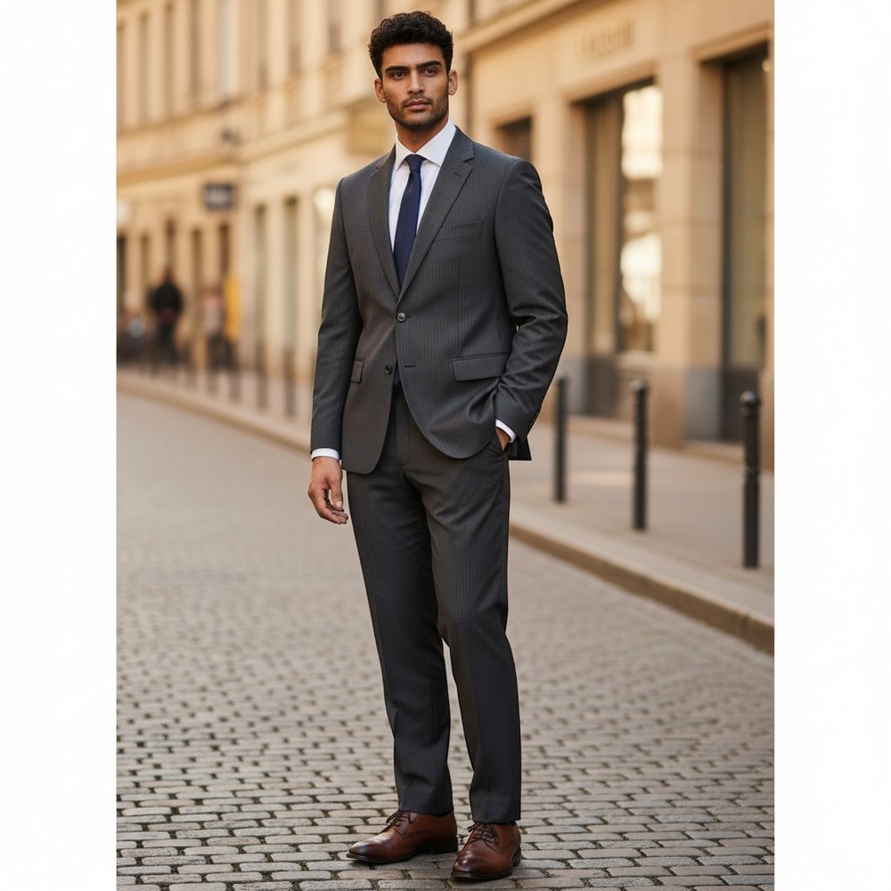 Haggar Suit Up‎ System 46R 38x29 Charcoal Pinstripe 2-Piece Suit Excellent Mens